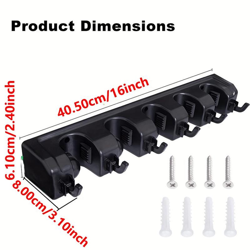 Wall Mounted Mop Holder, 1 Count Kitchen Household Mop Cleaning Tool Storage Racks, No Drilling Required Bracket with 5 Slots & 6 Hooks for Mop Daddy, Home Organizer Supplies, Bathroom Kitchen Supplies