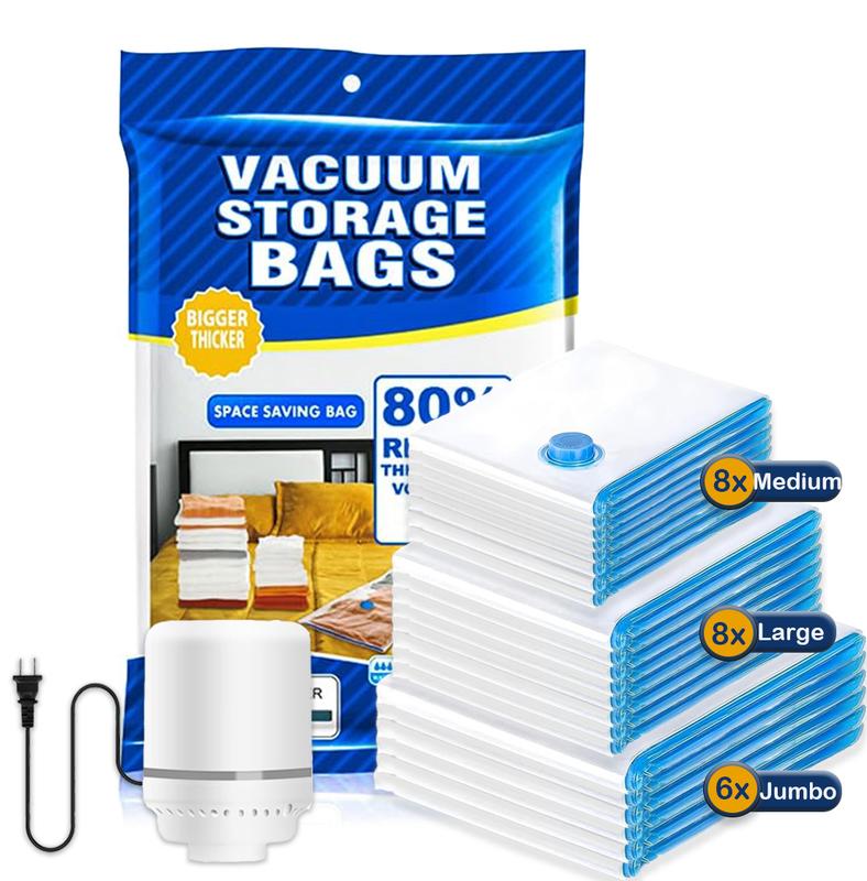 Vacuum Bag with Electric pump, 10pcs Multi Size Vaccum Clothes Storage  Bag & 1 Pump, Compression for Comforters and Blankets, Sealer Clothes Storage, Bedding Room School, Travel Family Organizers Reusable Waterproof Space Saving