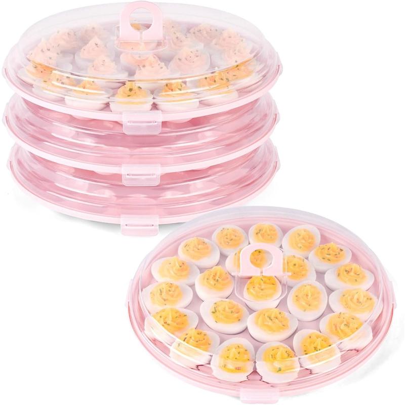 3PCS Deviled Egg Platter with Lid, 11.8in Pink Plastic Egg Keeper and Carrier with 22 Slots for Holidays Parties Home Kitchen