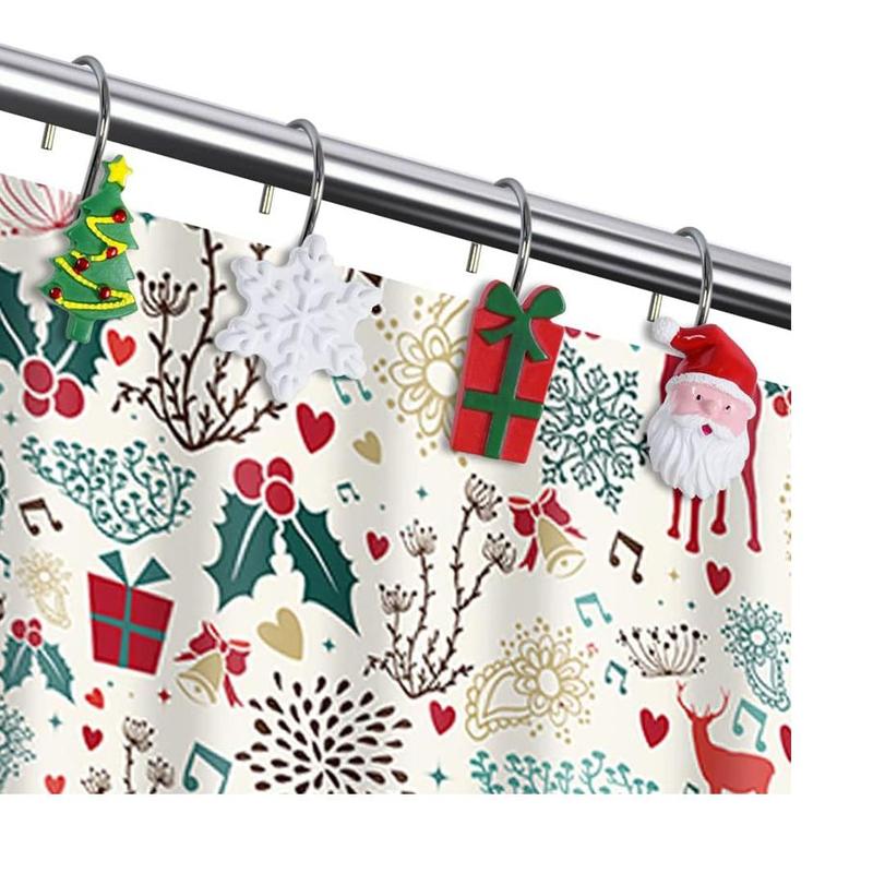 Christmas Themed Shower Curtain Hook, 12pcs set Cute Santa Claus & Snowflake & Gift Box Design Shower Curtain Hook, Bathroom Accessories for Home Salon Dormitory Hotel