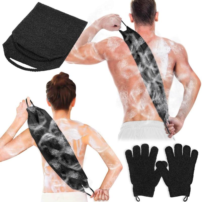 Exfoliating Back Scrubber Bath Gloves Set, Exfoliating Shower Towel with Shower Gloves for Body Scrub, Back Cleaner Wash Gloves to Remove Dead Skin (Black) Accessories