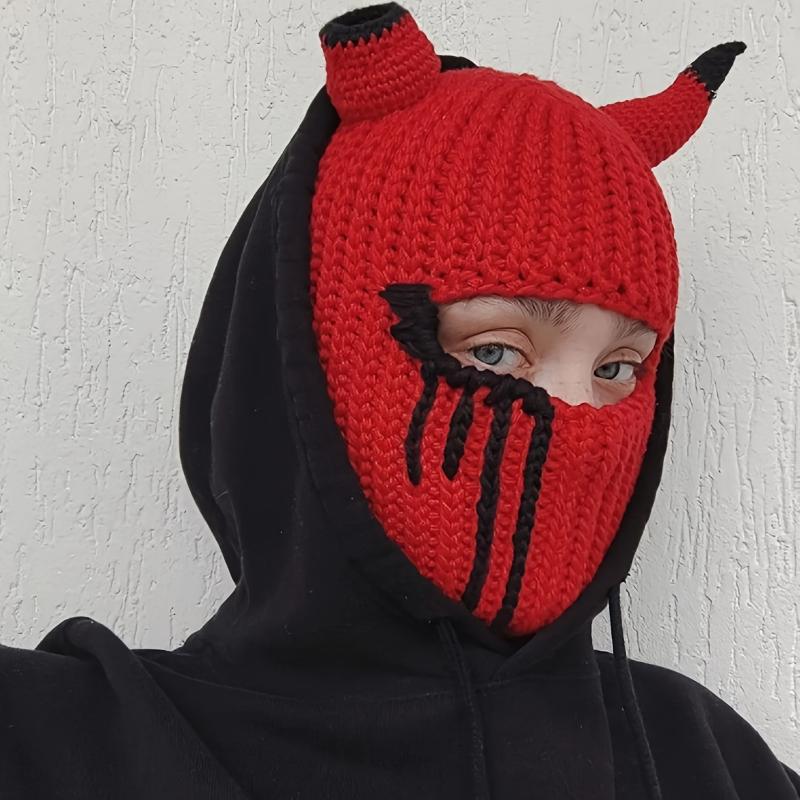 1pc Knitted Funny Unisex Devil Horn Mask, Cool Creative Headgear for Festival Party, Autumn and Winter Handmade Hip-hop Warm Hat