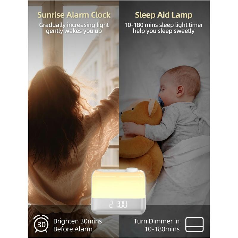 Sunrise alarm clock with 8-color nightlight, dual alarms, 9-min snooze, 6 sounds, 7 volume levels，perfect for any room décor Rechargeable