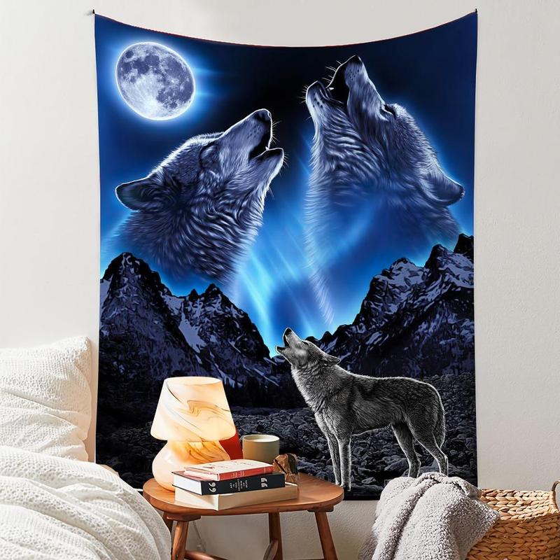 Wolf and Moon Pattern Wall Tapestry, 1 Count Modern Artwork Decorative Hanging Blanket with Accessory, Wall Decor for Living Room Bedroom, Festival Decorations for Home Spring Decor 2024, Ideal for Holiday, Cool Bedroom Accessories