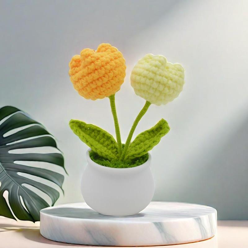 Crochet Tulip Flower Potted Plant Ornament, 1 Count Handmade Knitted Tulip Flower Ornament, Decorative Flower for Home & Car, Home Decor