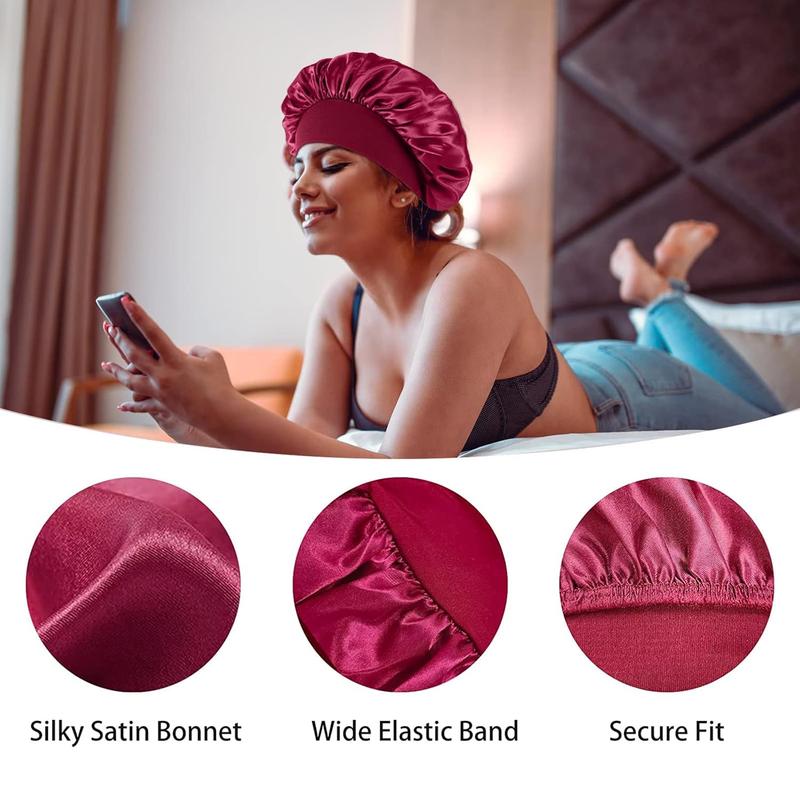 4 count Silk Satin Bonnets for Sleeping - Elastic Wide Band Silk Hair wrap Bonnets for Sleeping Black Women Men,Silk Bonnets for Curly Hair,Large Hair Cap for Sleeping (Black+ Red+Purple+Brown)