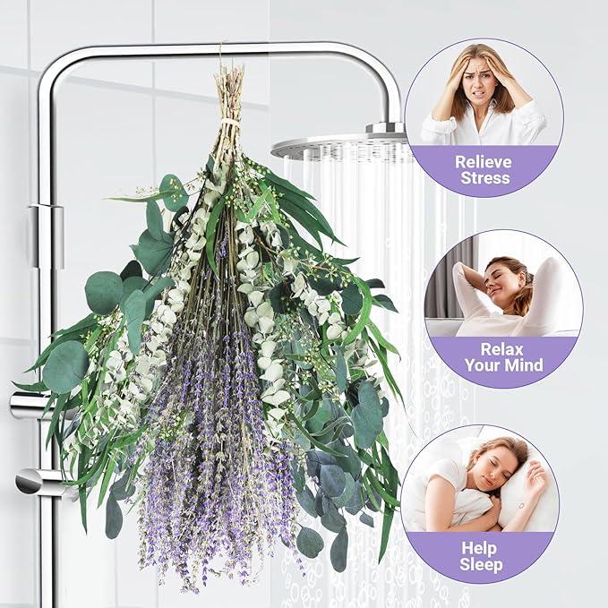 52pcs Eucalyptus for Shower, 3 Kinds Mix Eucalyptus Stems & Lavender Flowers Hanging, Fresh Eucalyptus Leaves for Shower Plants Hanging, Dried Eucalyptus Bundle for Home Bathroom Decor