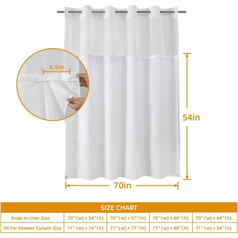 1 Pack Fabric Snap-in Shower Curtain Liner Replacement,Compatible with No Hook Shower Curtain with Snap in Liner, Removable & Water-Repellent,Machine Washable,70x54,White