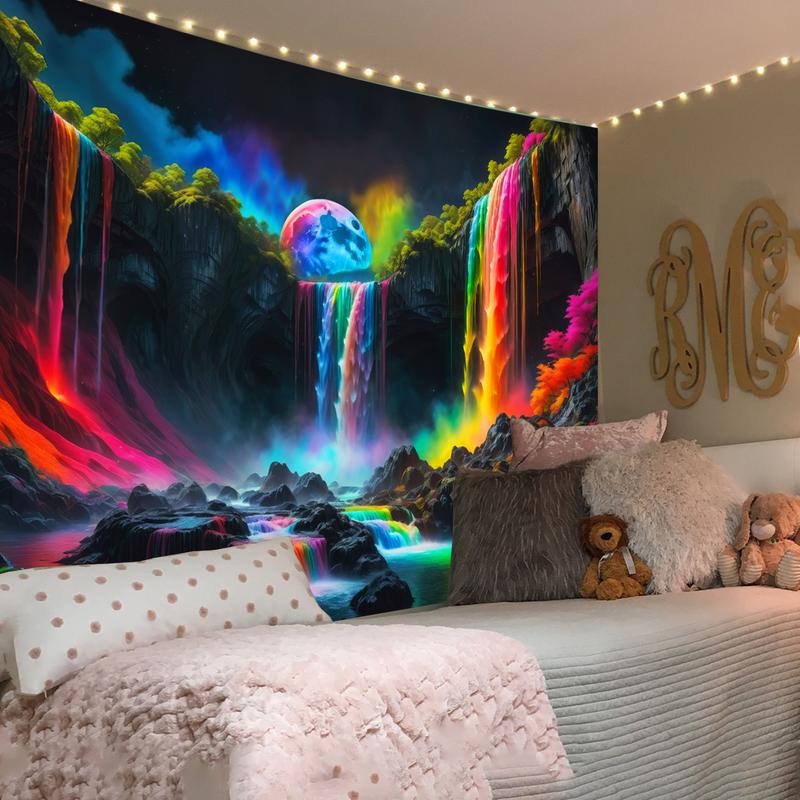 Blacklight Fantasy Waterfall Planet Tapestry UV Reactive Nature Tapestry Neon Landscape Mountain Wave Tapestry Wall Hanging