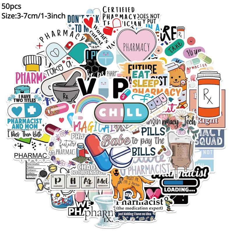 50pcs Set Cartoon Pharmacist Series Sticker, Waterproof Self Adhesive Decor Paper, Decor Sticker for Gift Greeting Card Water Bottle Laptop Phone