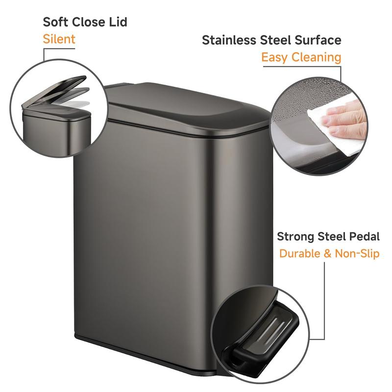 Slim Bathroom Trash Can with Lid Soft Close, 6 Liter   1.6 Gallon Stainless Steel Garbage Can with Removable Inner Bucket, Step Pedal, Small Trash Cans for Bedroom, Office, Kitchen