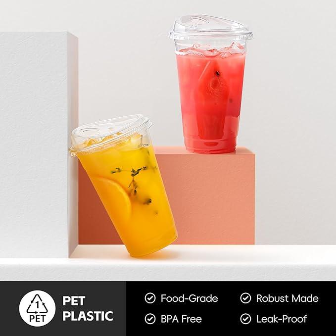 16oz-20oz-24oz - 100 Sets Crystal Clear Plastic Cups With Strawless Sip-Lids, BPA Free Disposable Plastic Cups with Lids, To Go Cups for Iced Coffee