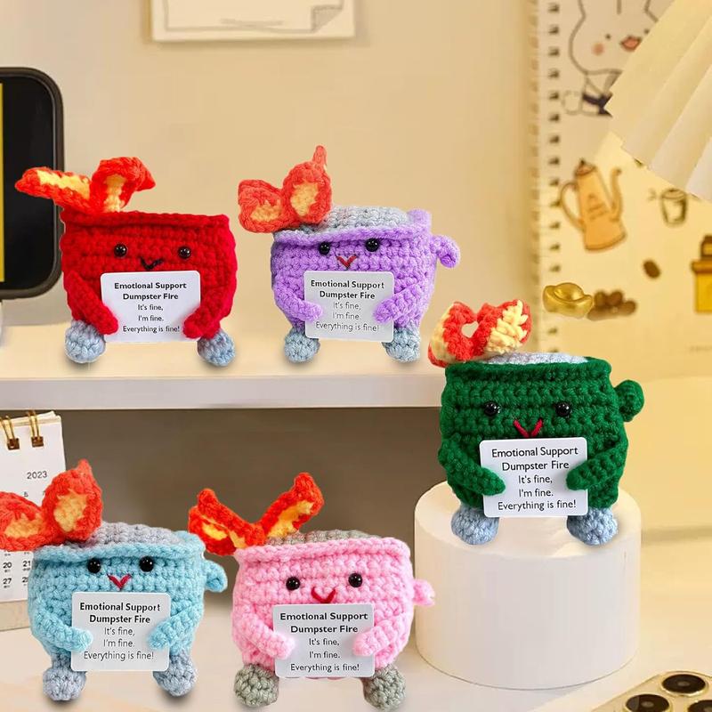 7 pcs a pack Emotional Support Crochet Dumpster Fire with Positive Card Cute Room Decor,Christmas Gift For Friends,Christmas Decoration