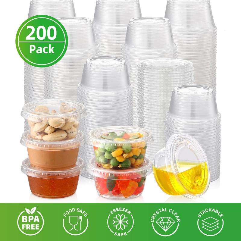 200-Pack Clear Disposable Plastic Portion Cups with Lids - Jelly Cups, Dipping Sauce and Condiment Cups,Salad Dressing Containers for Jam, Sauces.