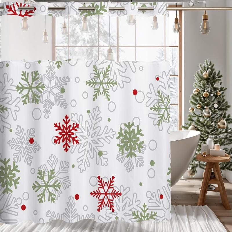 No Hook Winter Snowflake Shower Curtain, Hookless Christmas Shower Curtain,Red and Green Xmas New Year Holiday Bathroom Bathtubs Decor with Snap in Liner, Waterproof Polyester Fabric 71X74in