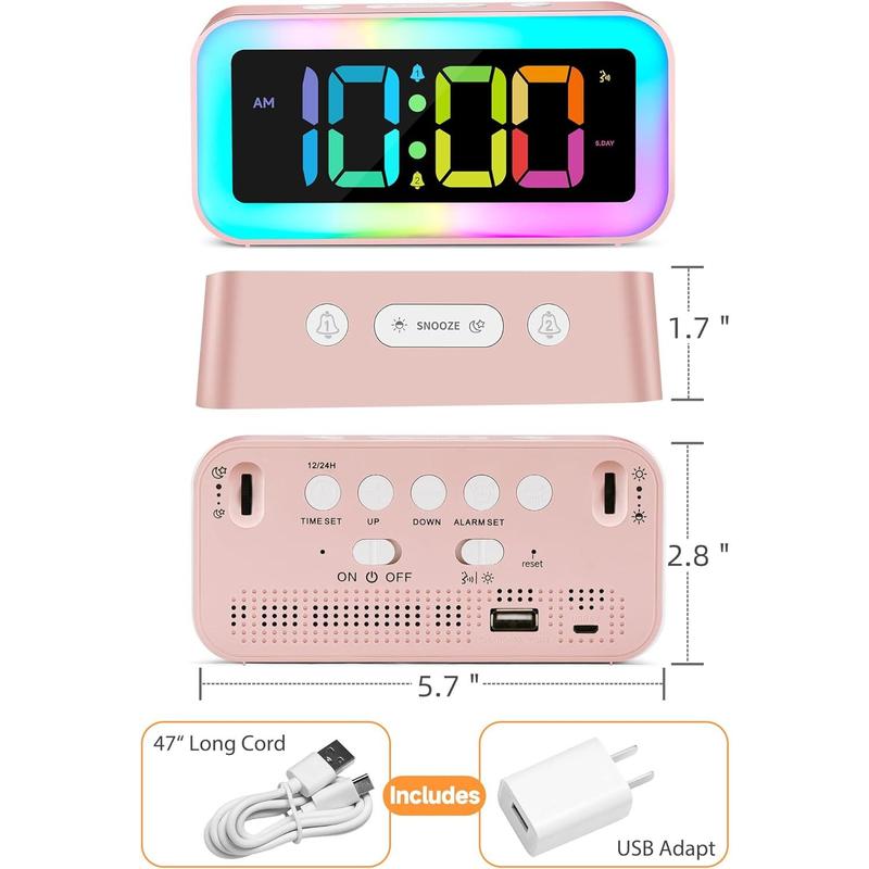 Cute Pink Loud Alarm Clock with RGB Night Light - Perfect for Girls Room Decor and Kawaii Gifts, Small Size for Bedside or Desk Lamp in Bedrooms, Ideal for , Teens (Red A) Adjustable Electronic