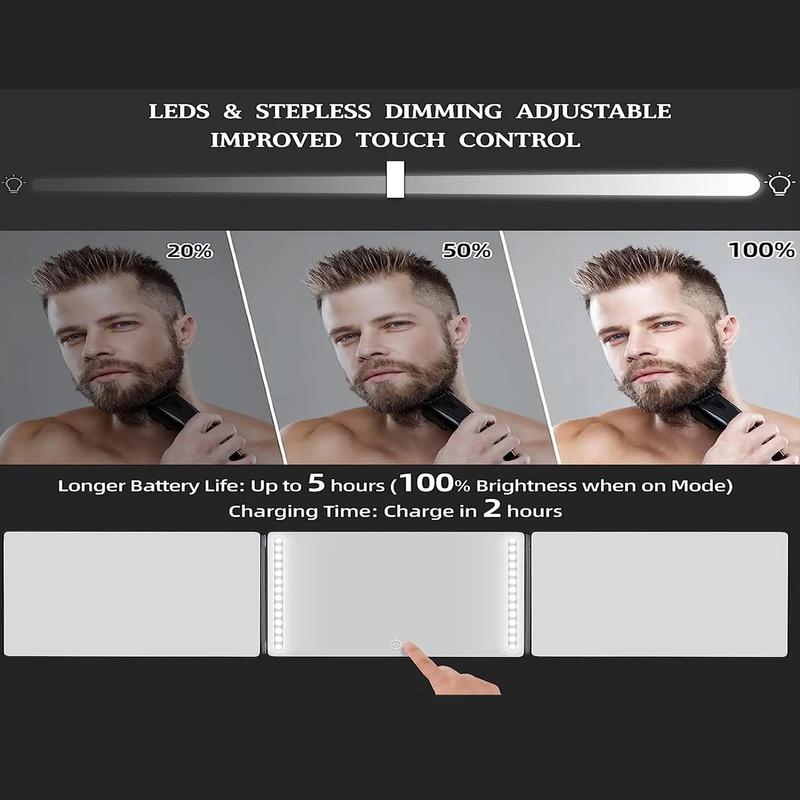 360 Degree LED Mirror, 1 Box 3 Way Mirror for Hair Cutting, Height Adjustable Telescoping Hook, Hair Cutting Mirror for Men Women