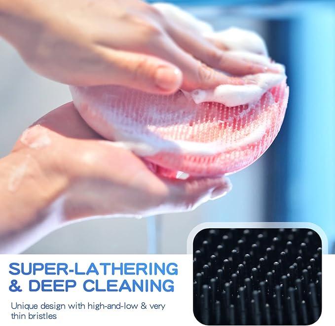 Silicone Back Scrubber(Thick Bristles) & Soft Bath Glove Set, Super-Exfoliating Body Scrubber & Super-Lathering Shower Brush Combination, with a Free Hook.(Black)