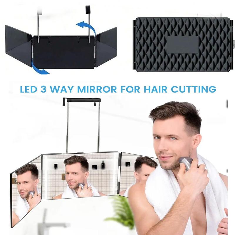 360 Degree LED Mirror, 1 Box 3 Way Mirror for Hair Cutting, Height Adjustable Telescoping Hook, Hair Cutting Mirror for Men Women