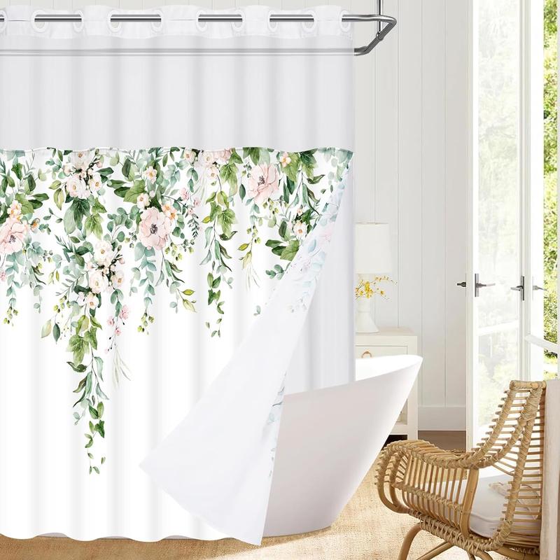 Effortless Elegance: White Hotel No-Hook Shower Curtain Set with Green Leaf Design & Double Layer Luxury