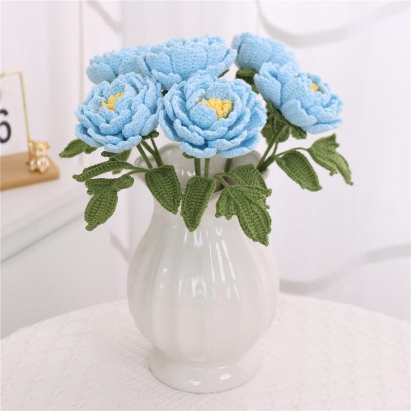 Artificial Peony Bouquet, 6 Counts Handmade Crochet Knitting Faux Flower Bouquet, Decorative Flowers for Home Party Wedding, Vase Not Included