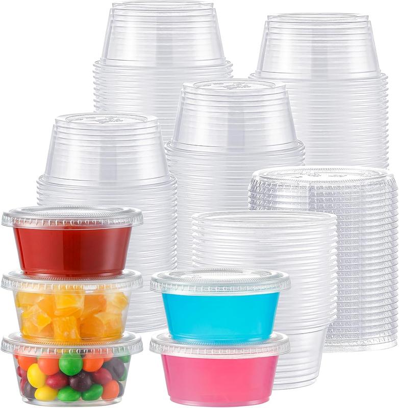 200-Pack Clear Disposable Plastic Portion Cups with Lids - Jelly Cups, Dipping Sauce and Condiment Cups,Salad Dressing Containers for Jam, Sauces.