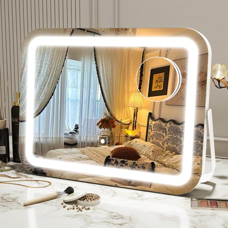 LED Makeup Mirror, 3 Modes Light Smart Touch Control Dimmable Mirror, USB Powered 360° Rotation Mirror with 10X Magnifying Glass for Bedroom, Living Room