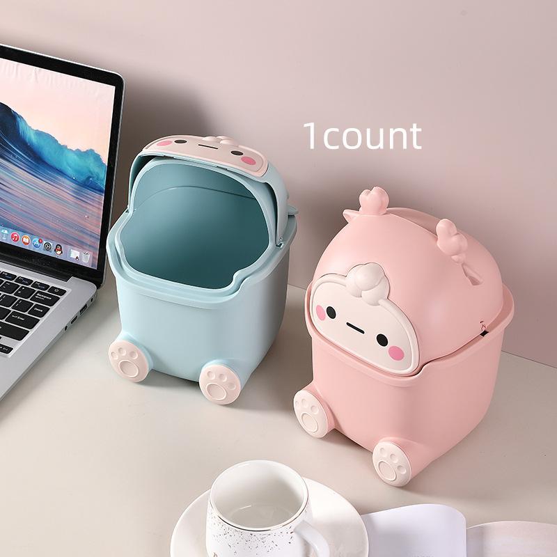 Cute Cartoon Design Desktop Trash Can, 1 Count Mini Trash Can with Lid, Waste Basket for Home, Office, Kitchen, Bedroom, Bathroom