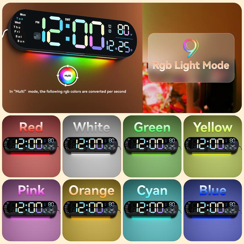 Sailstar Large Digital Wall Clock with Remote, 13.7“ Large Display LED Alarm Clock with Time Date Temp Week, Desk Clock with Countdown Function, 12 24H, Adjustable Brightness for Living Room Decor Light Rgb