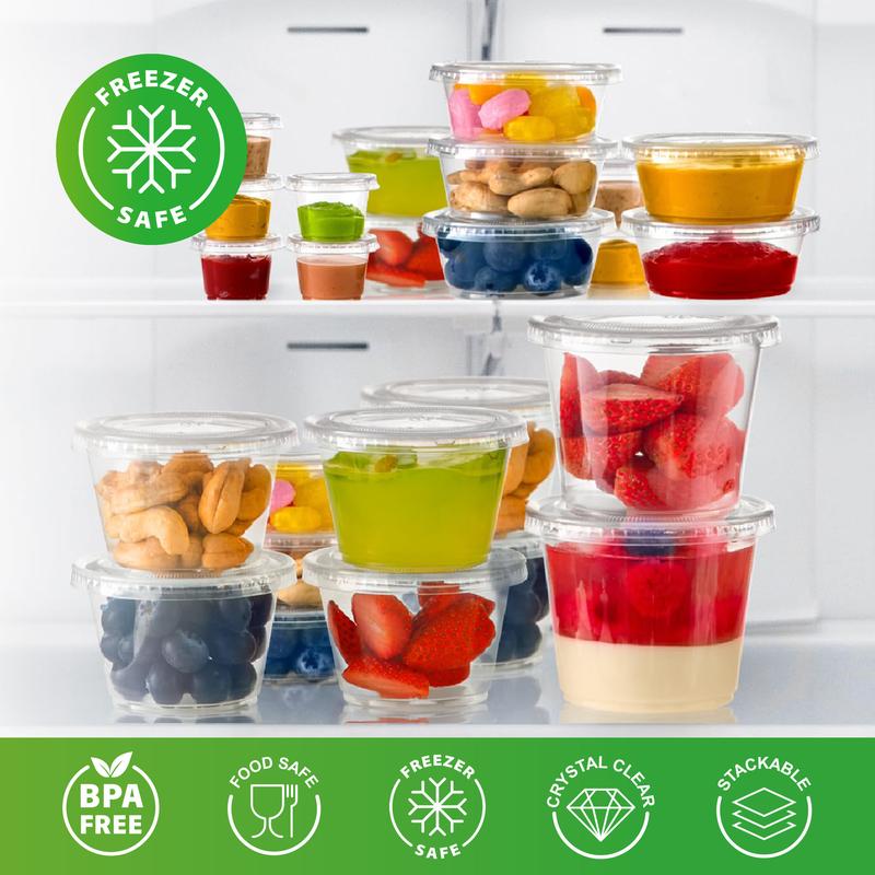 200-Pack Clear Disposable Plastic Portion Cups with Lids - Jelly Cups, Dipping Sauce and Condiment Cups,Salad Dressing Containers for Jam, Sauces.