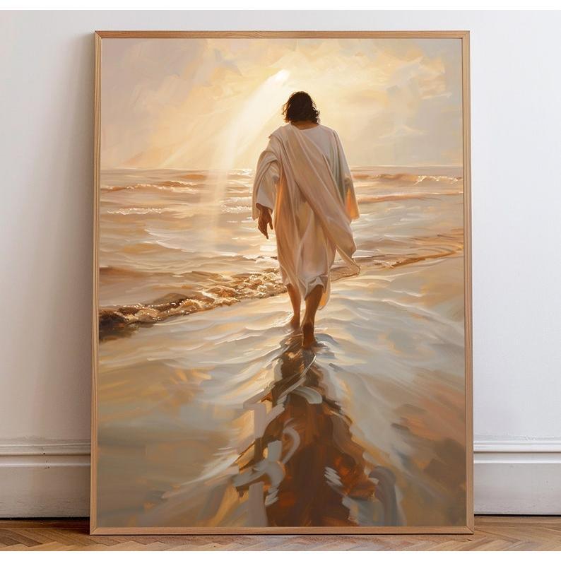 Jesus Christ Walking on Water, Christian Art, Digital Jesus Portrait, I Will Walk With Christ LDS, Jesus Oil Painting, Bible Verse Wall Art URJD3