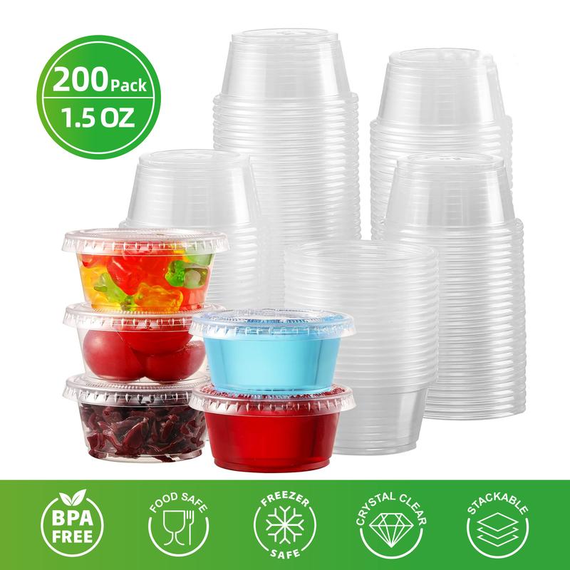 200-Pack Clear Disposable Plastic Portion Cups with Lids - Jelly Cups, Dipping Sauce and Condiment Cups,Salad Dressing Containers for Jam, Sauces.