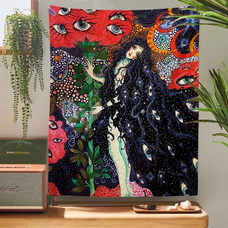 Psychedelic Girl Tapestry Wall Hanging Botanical Celestial Floral Tapestry Hippie Eye Wall Carpets Dorm Decor Starry SkyCarpet Flowers