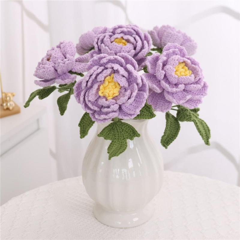 Artificial Peony Bouquet, 6 Counts Handmade Crochet Knitting Faux Flower Bouquet, Decorative Flowers for Home Party Wedding, Vase Not Included