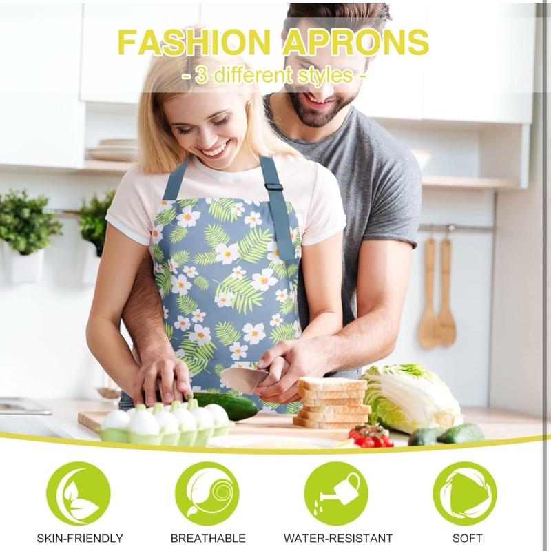 3 Pack Floral Aprons with Pocket, Blooming Womens Aprons Waterproof Adjustable Cooking Aprons for Kitchen Gardening and Salon