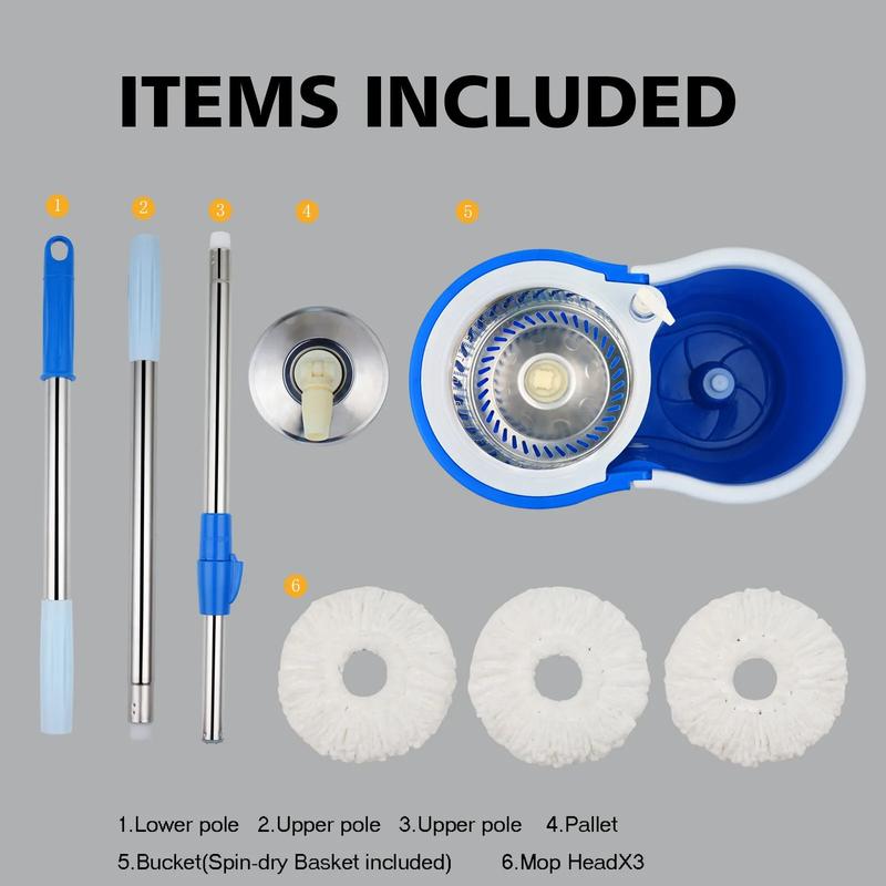 Spin Mop and Bucket Wrings Set with 3 Microfiber Refills, 61'' Adjustable & ExtendableStainless Steel Pole Rod Household Cleaning Plastic items Box