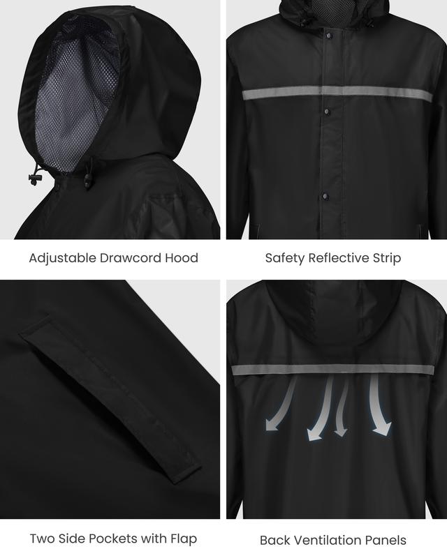 Mens Long Raincoat with Hood Waterproof Rain Coats Lightweight Packable Outdoor Rain Jacket Rainwear Reflective