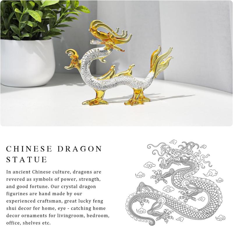 Crystal Dragon Statue Hand Blown Glass Dragon Figurines Chinese Dragon Decoration for Home Lucky Feng Shui Decor 5.9 Inch