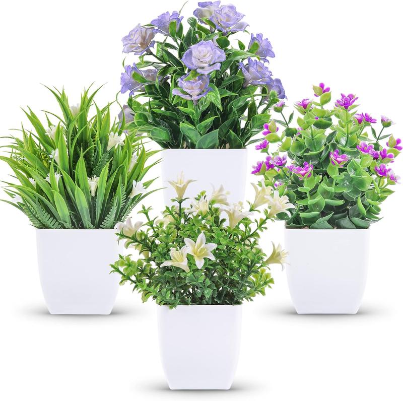 4 Packs Small Fake Plants Mini Artificial Faux Plants with Flowers for Home Room Farmhouse Bathroom Decor Indoor