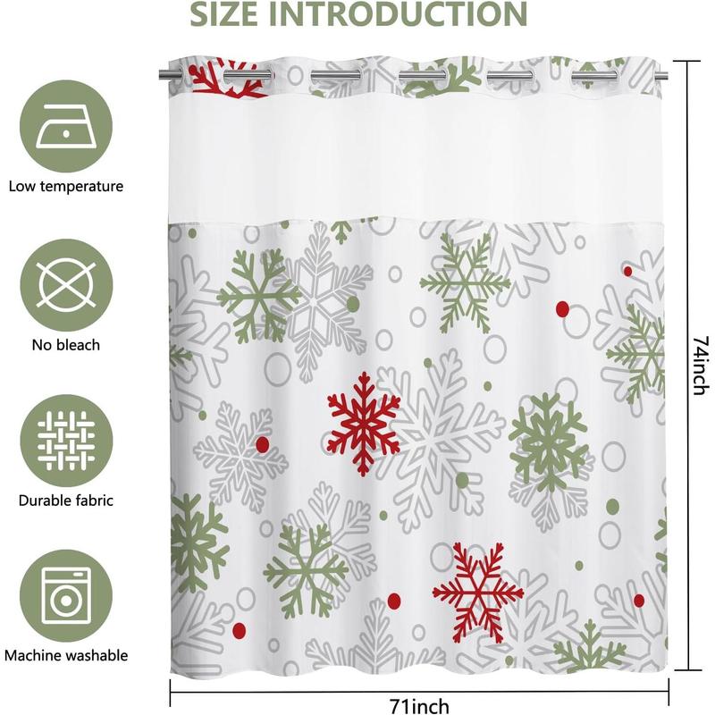 No Hook Winter Snowflake Shower Curtain, Hookless Christmas Shower Curtain,Red and Green Xmas New Year Holiday Bathroom Bathtubs Decor with Snap in Liner, Waterproof Polyester Fabric 71X74in