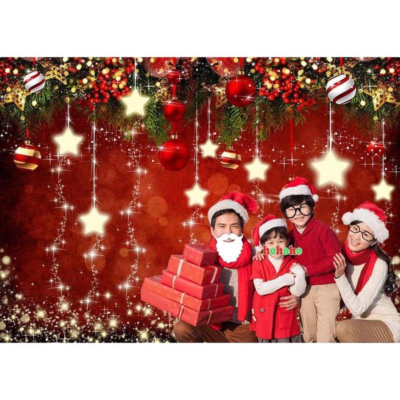 Red Christmas Theme Sparkling Photography Backdrops Snowflake Xmas Ball 5x3ft Happy New Year Family Party Decoration Photo Star Background   Portrait Photo Booth Studio Props Banner