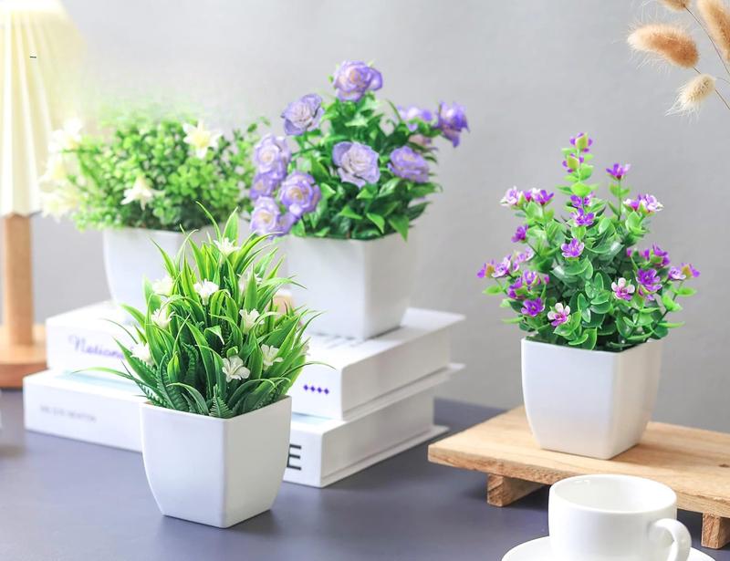 4 Packs Small Fake Plants Mini Artificial Faux Plants with Flowers for Home Room Farmhouse Bathroom Decor Indoor