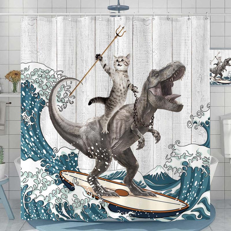 Funny Dinosaur Shower Curtain Brave Cat Shower Curtain Waves Ocean Decor Fabric Shower Curtain Set with 12 Hooks