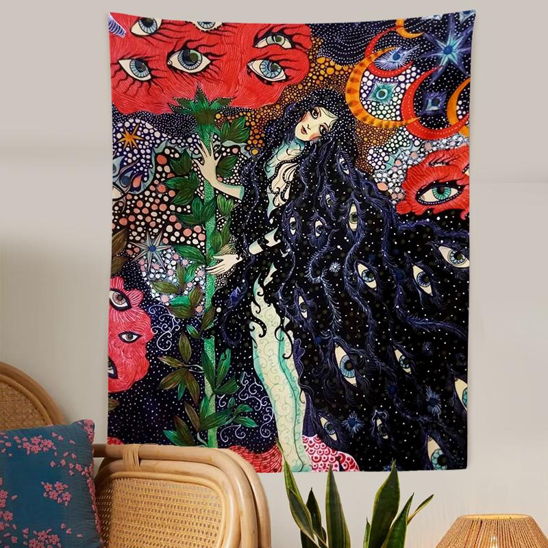 Psychedelic Girl Tapestry Wall Hanging Botanical Celestial Floral Tapestry Hippie Eye Wall Carpets Dorm Decor Starry SkyCarpet Flowers