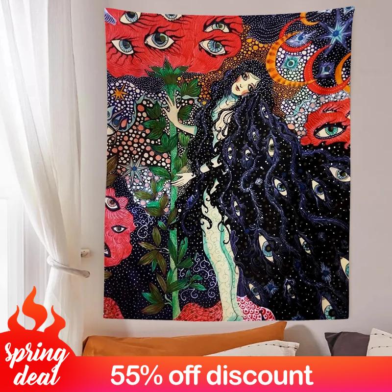 Psychedelic Girl Tapestry Wall Hanging Botanical Celestial Floral Tapestry Hippie Eye Wall Carpets Dorm Decor Starry SkyCarpet Flowers