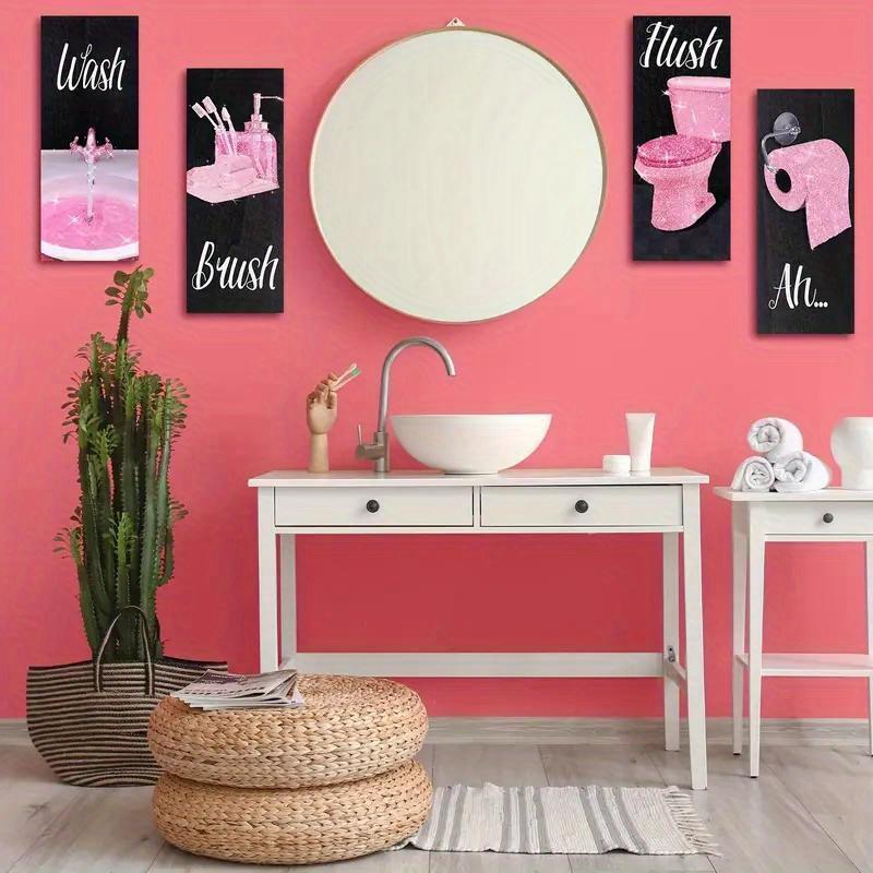 4 PCS Pink Glitter Wooden Signs for Bathroom Wall Decor - Electricity-Free, Non-Feathered Hanging Art Plaques with Wash, Brush, Flush, Ah Quotes - 10x4 Inches for Home & Party Decorations