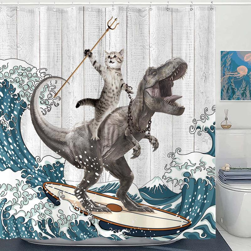 Funny Dinosaur Shower Curtain Brave Cat Shower Curtain Waves Ocean Decor Fabric Shower Curtain Set with 12 Hooks