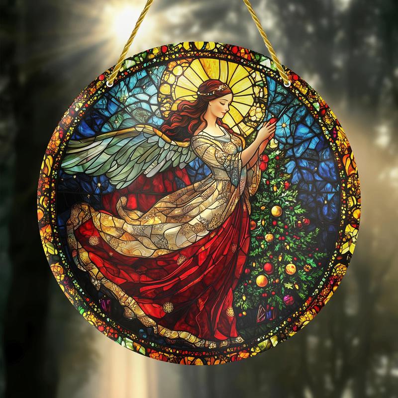 Angel Design Hanging Decoration, 1 Count Round Hanging Sun Catcher, Birthday Christmas Holiday Decor for Home Living Room Bedroom