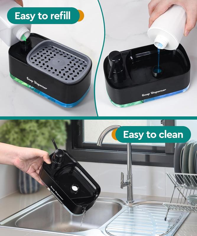 Kitchen Dish Soap Dispenser SetDish and Hand Soap Dispenser with Sponge Holder, 3-in-1 Countertop Sponge Dual Soap Pump Dispenser for Kitchen Sink - Black