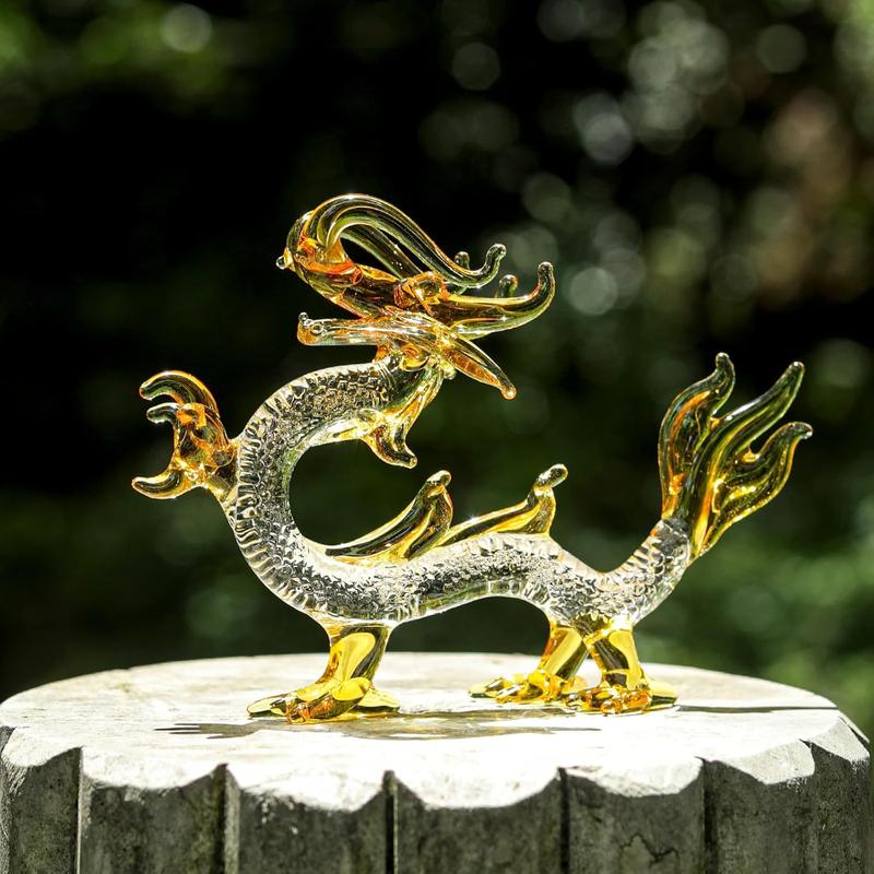 Crystal Dragon Statue Hand Blown Glass Dragon Figurines Chinese Dragon Decoration for Home Lucky Feng Shui Decor 5.9 Inch